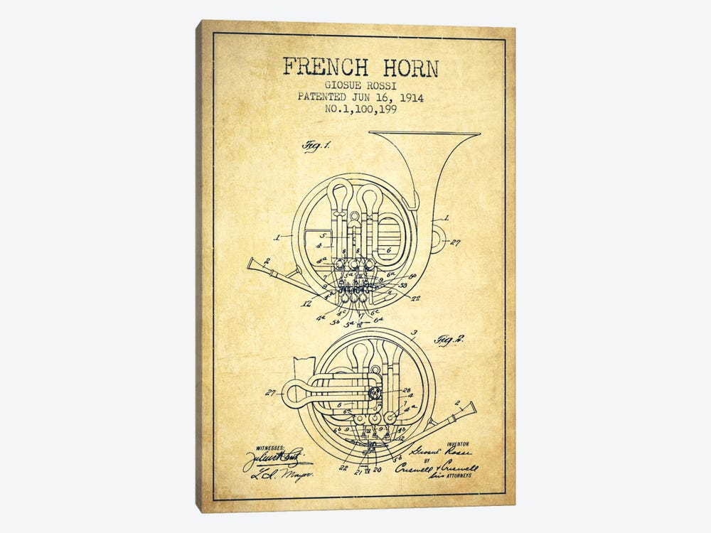 Horn Vintage Patent Blueprint by Aged Pixel 1-piece Canvas Art Print