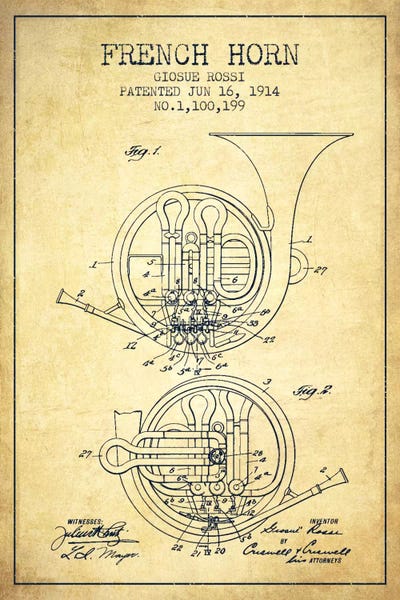 Music Blueprints: Horn Vintage Patent Blueprint by Aged Pixel