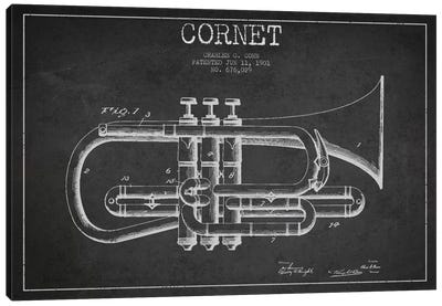Cornet Charcoal Patent Blueprint Canvas Art Print - Aged Pixel: Music