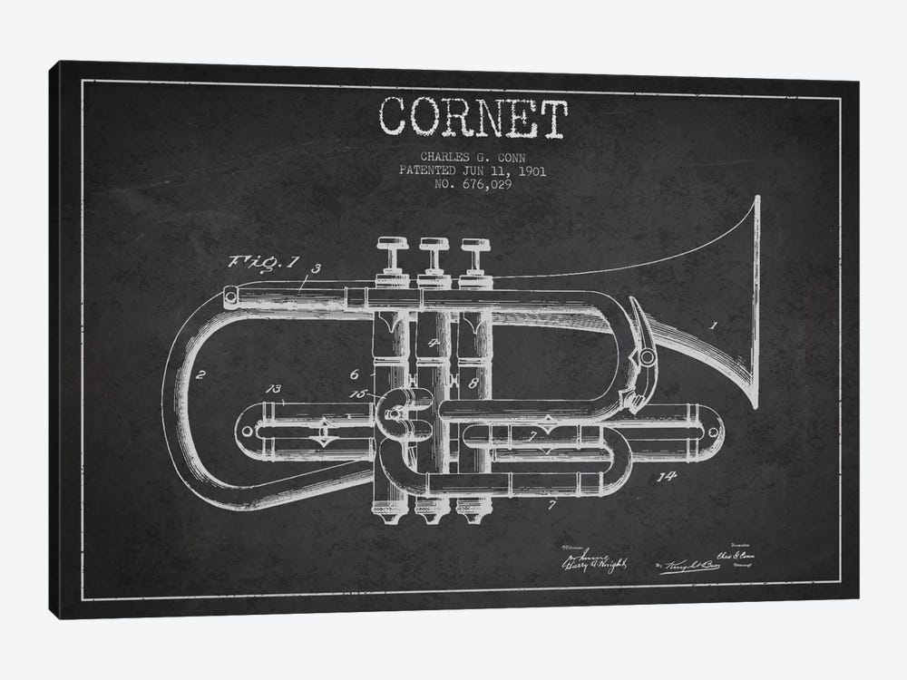Cornet Charcoal Patent Blueprint by Aged Pixel 1-piece Canvas Art