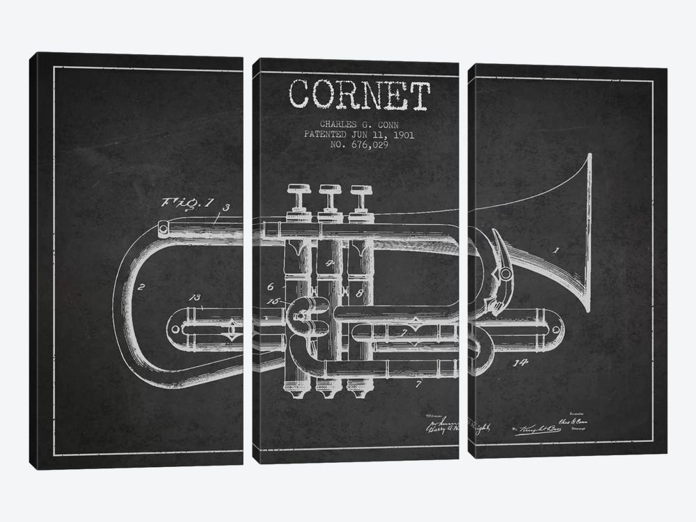 Cornet Charcoal Patent Blueprint by Aged Pixel 3-piece Canvas Wall Art