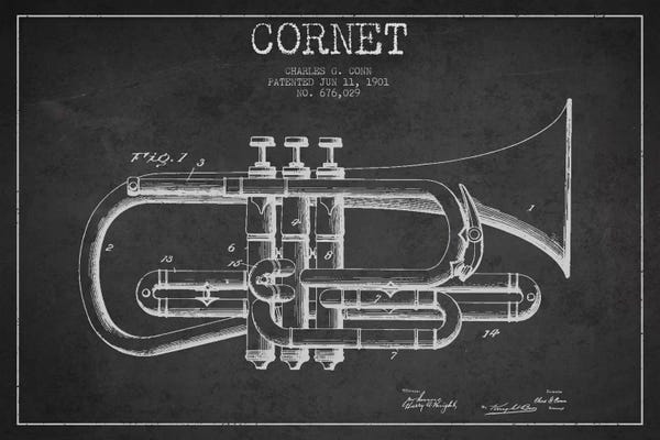 Trumpets: Cornet Charcoal Patent Blueprint by Aged Pixel