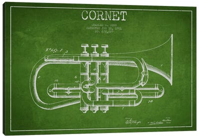 Cornet Green Patent Blueprint Canvas Art Print - Musical Instrument Art