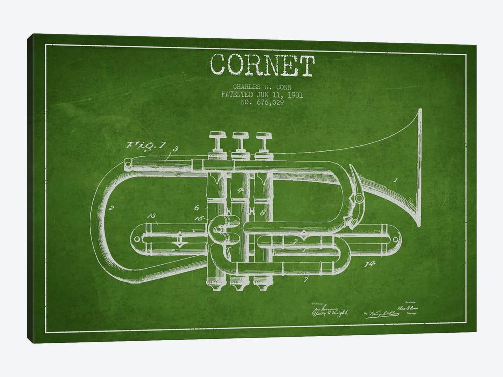 Cornet Green Patent Blueprint by Aged Pixel 1-piece Art Print