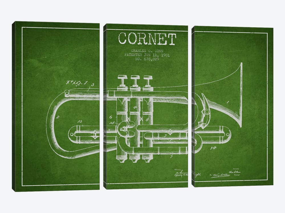 Cornet Green Patent Blueprint by Aged Pixel 3-piece Canvas Print