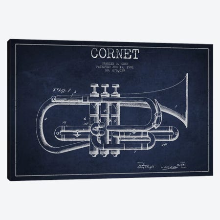Cornet Navy Blue Patent Blueprint Canvas Print #ADP866} by Aged Pixel Canvas Art