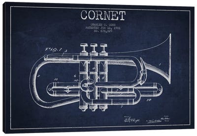 Cornet Navy Blue Patent Blueprint Canvas Art Print - Aged Pixel: Music