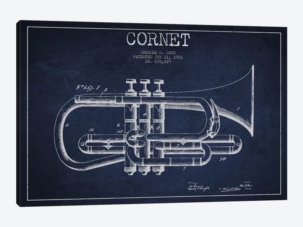Cornet Navy Blue Patent Blueprint by Aged Pixel 1-piece Canvas Artwork