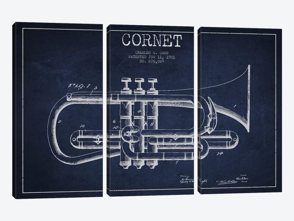 Cornet Navy Blue Patent Blueprint by Aged Pixel 3-piece Canvas Art