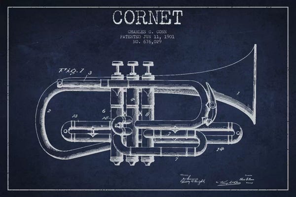 Trumpets: Cornet Navy Blue Patent Blueprint by Aged Pixel