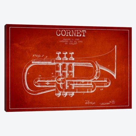Cornet Red Patent Blueprint Canvas Print #ADP867} by Aged Pixel Canvas Artwork