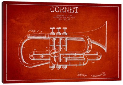 Cornet Red Patent Blueprint Canvas Art Print - Trumpet Art