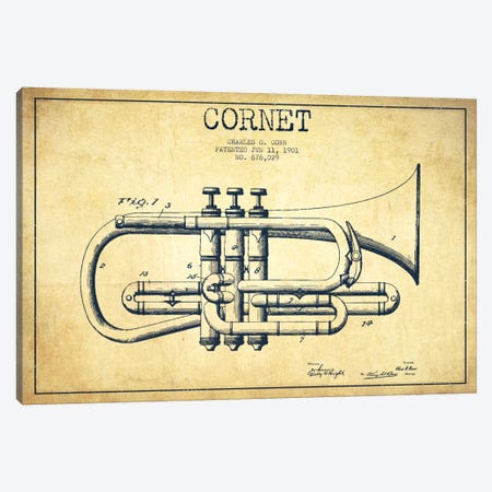 Cornet Vintage Patent Blueprint Canvas Print #ADP868} by Aged Pixel Canvas Art Print