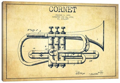 Cornet Vintage Patent Blueprint Canvas Art Print - Aged Pixel: Music