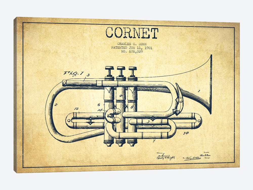 Cornet Vintage Patent Blueprint by Aged Pixel 1-piece Canvas Wall Art