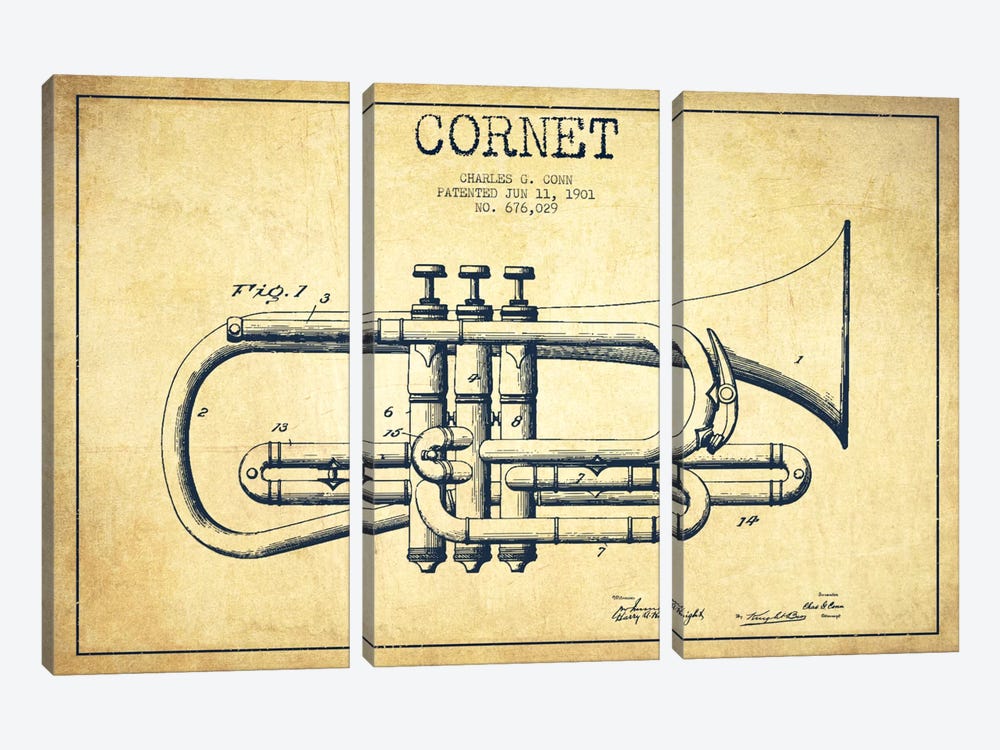 Cornet Vintage Patent Blueprint by Aged Pixel 3-piece Canvas Art