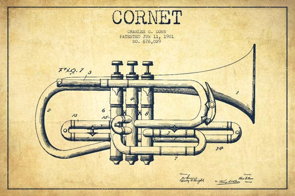 Trumpets: Cornet Vintage Patent Blueprint by Aged Pixel