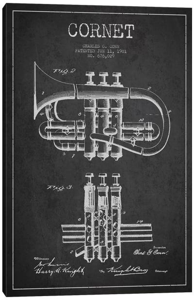Cornet Charcoal Patent Blueprint Canvas Art Print - Musical Instrument Art