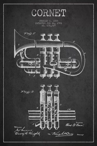Trumpets: Cornet Charcoal Patent Blueprint by Aged Pixel