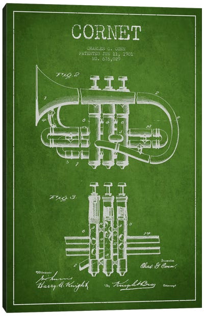 Cornet Green Patent Blueprint Canvas Art Print - Musical Instrument Art