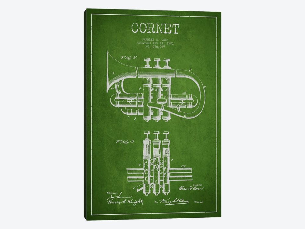 Cornet Green Patent Blueprint by Aged Pixel 1-piece Canvas Print