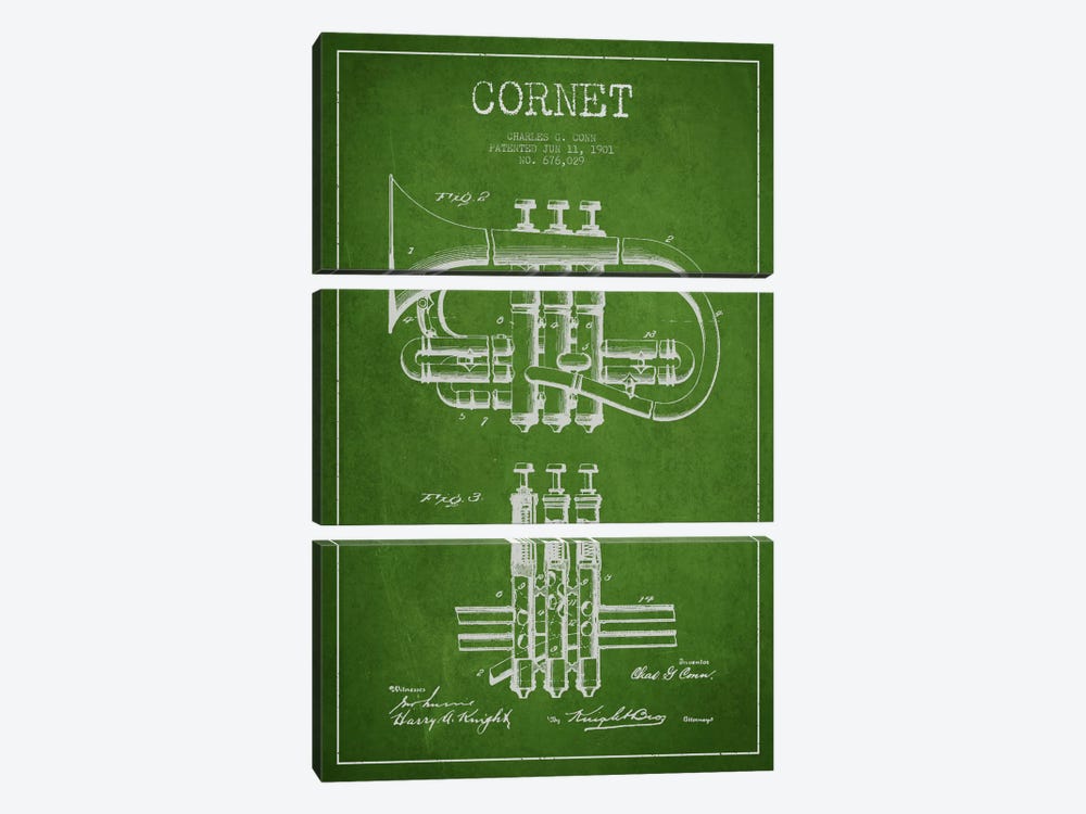 Cornet Green Patent Blueprint by Aged Pixel 3-piece Canvas Art Print