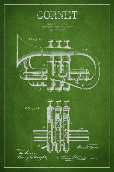 Trumpets: Cornet Green Patent Blueprint by Aged Pixel