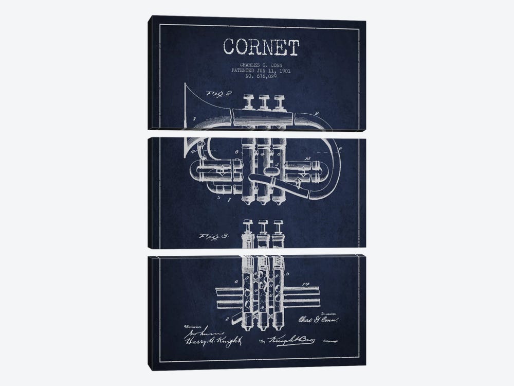 Cornet Navy Blue Patent Blueprint by Aged Pixel 3-piece Canvas Art