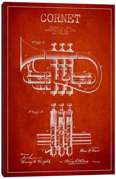 Cornet Red Patent Blueprint Canvas Art Print - Musical Instrument Art