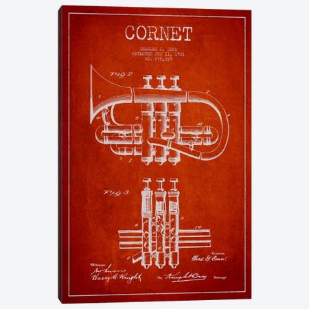 Cornet Red Patent Blueprint Canvas Print #ADP872} by Aged Pixel Canvas Artwork