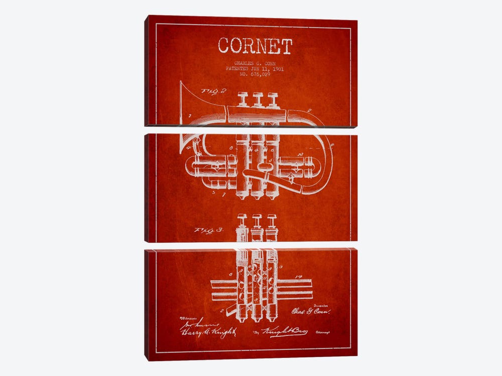 Cornet Red Patent Blueprint by Aged Pixel 3-piece Canvas Print