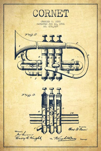Cornet Vintage Patent Blueprint by Aged Pixel framed wall art