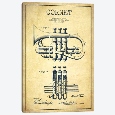 Cornet Vintage Patent Blueprint Canvas Print #ADP873} by Aged Pixel Canvas Wall Art