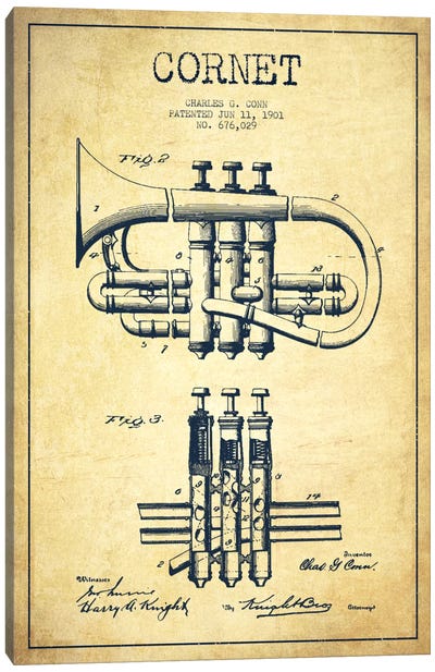 Cornet Vintage Patent Blueprint Canvas Art Print - Aged Pixel: Music