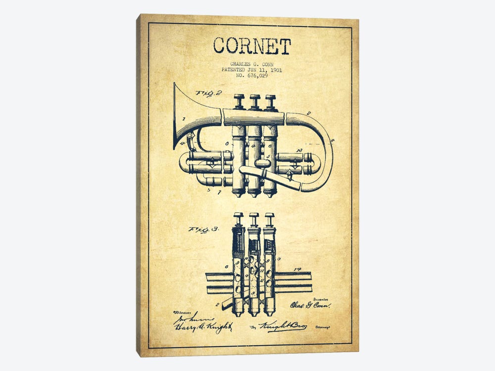 Cornet Vintage Patent Blueprint by Aged Pixel 1-piece Canvas Art