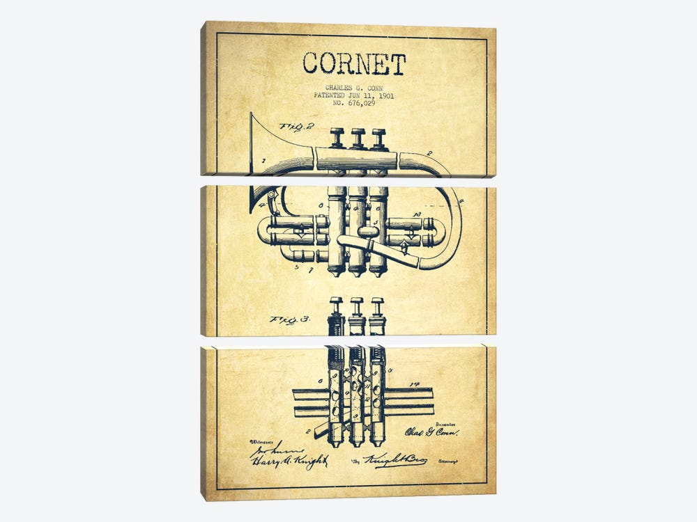 Cornet Vintage Patent Blueprint by Aged Pixel 3-piece Canvas Art