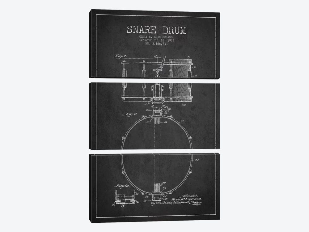 Drum Charcoal Patent Blueprint by Aged Pixel 3-piece Canvas Print
