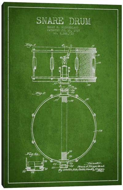 Drum Green Patent Blueprint Canvas Art Print - Drums Art