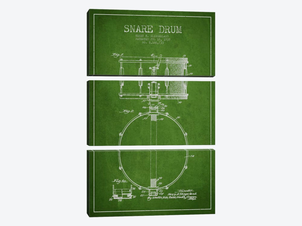 Drum Green Patent Blueprint by Aged Pixel 3-piece Canvas Wall Art