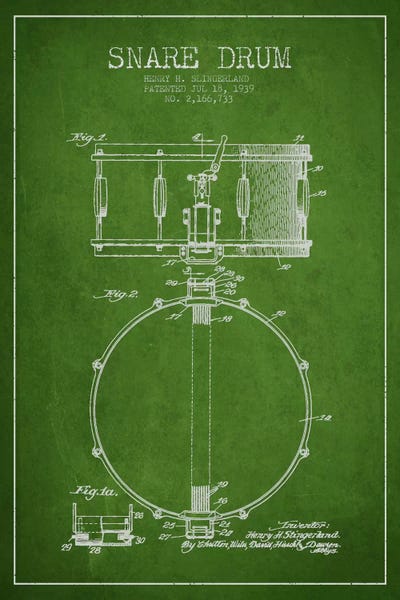 Music Blueprints: Drum Green Patent Blueprint by Aged Pixel