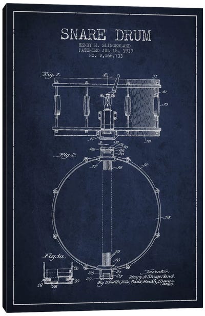 Drum Navy Blue Patent Blueprint Canvas Art Print - Drums Art