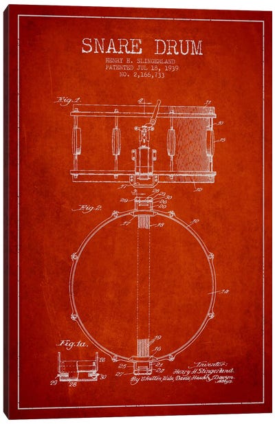 Drum Red Patent Blueprint Canvas Art Print - Aged Pixel: Music