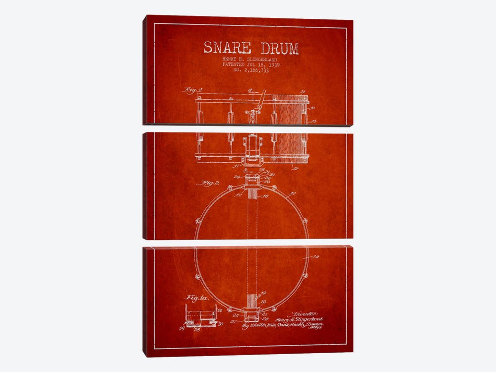Drum Red Patent Blueprint 3-piece Canvas Wall Art