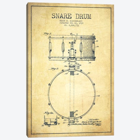 Drum Vintage Patent Blueprint Canvas Print #ADP878} by Aged Pixel Canvas Wall Art