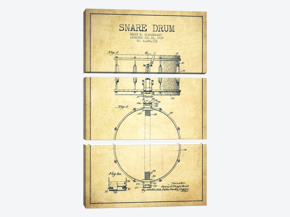 Drum Vintage Patent Blueprint by Aged Pixel 3-piece Canvas Art Print
