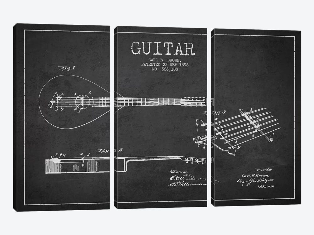 Guitar Charcoal Patent Blueprint by Aged Pixel 3-piece Canvas Wall Art