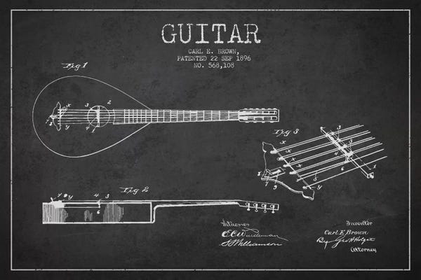 Music Blueprints: Guitar Charcoal Patent Blueprint by Aged Pixel