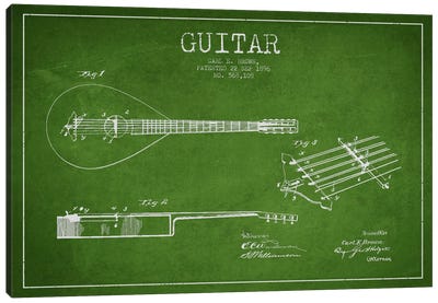 Guitar Green Patent Blueprint Canvas Art Print - Music Blueprints