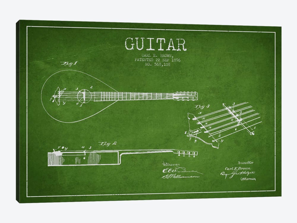 Guitar Green Patent Blueprint by Aged Pixel 1-piece Canvas Art