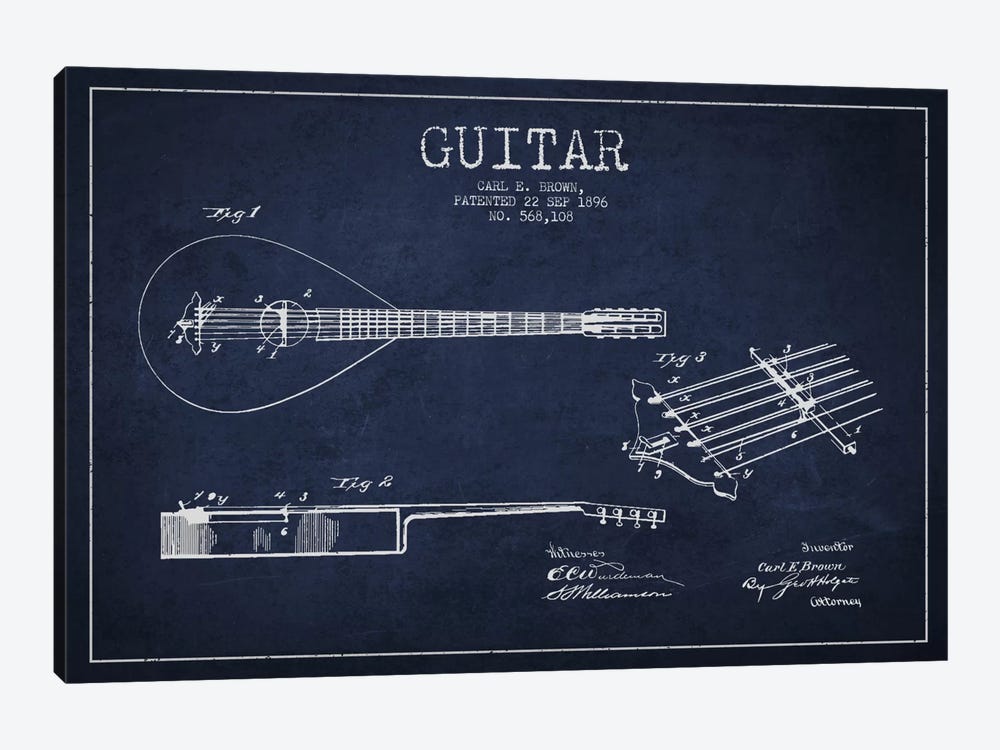 Guitar Navy Blue Patent Blueprint by Aged Pixel 1-piece Canvas Print
